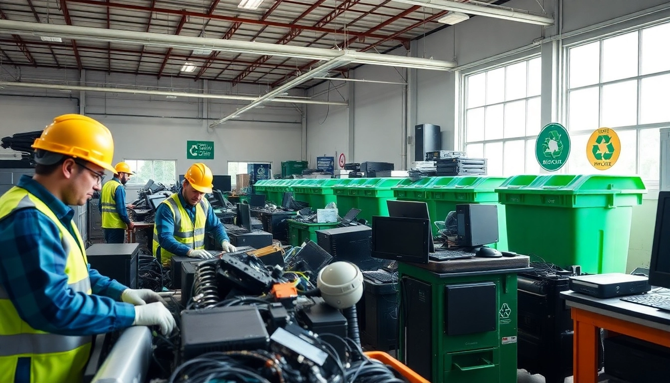 Efficient local computer recycling process showcasing technicians sorting e-waste responsibly.