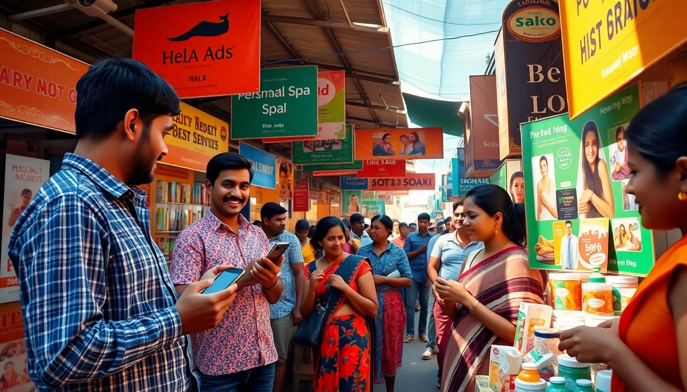 Engaging market scene showcasing Hela Ads with vibrant banners and happy people connecting.