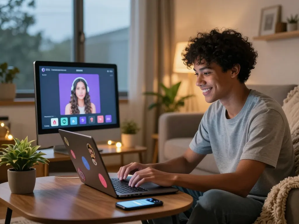 Engaging with a sex chat AI in a cozy modern living room with warm lighting and a personal touch.