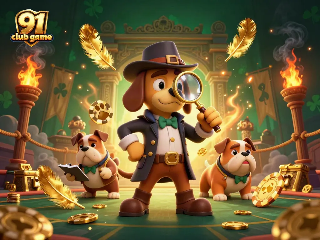 Engaging scene of the 91 club game with cartoon detective and bulldog characters exploring clues and golden tokens.