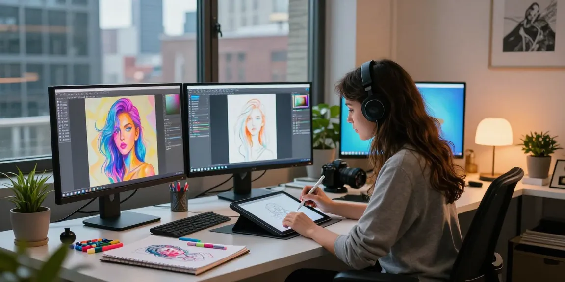 Creative artist generating NSFW AI art in a vibrant urban loft studio.