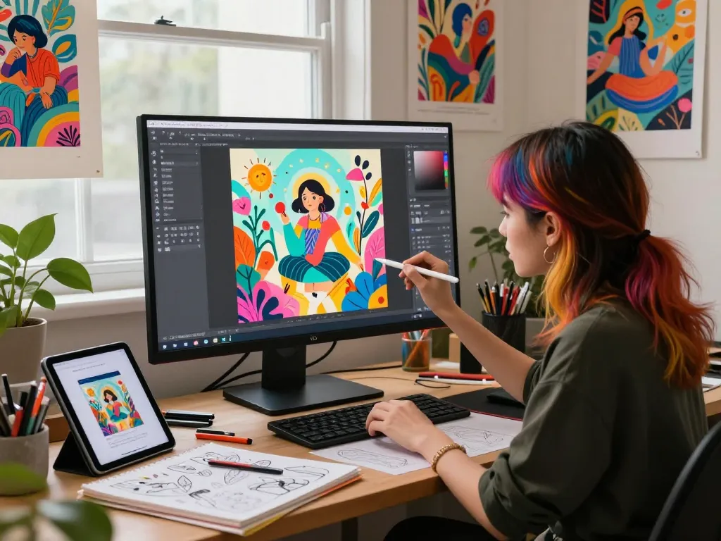 Artist using Nano Banana Pro AI image editor in a vibrant digital art studio