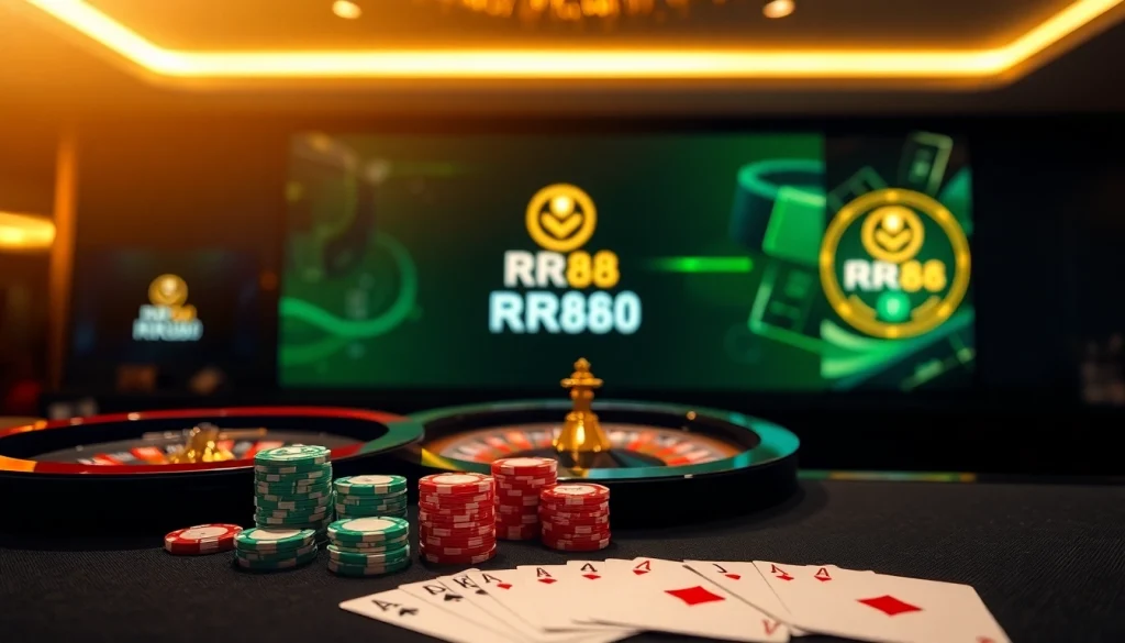 Experience the luxurious online gaming atmosphere at trang chủ rr88 with vibrant poker chips and roulette wheels.