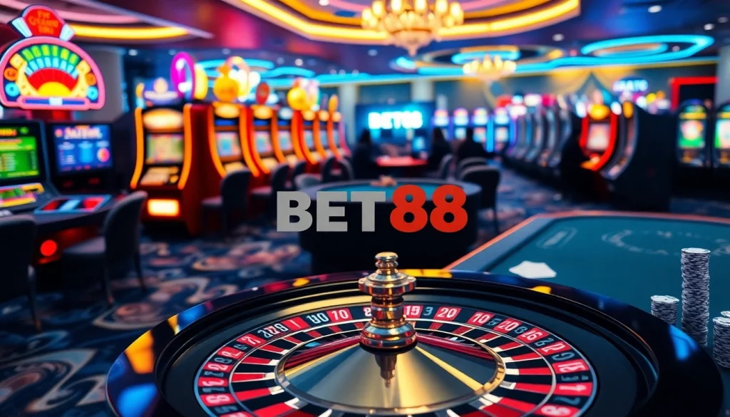 BET88 slot machines and roulette wheel inviting players for thrilling games.