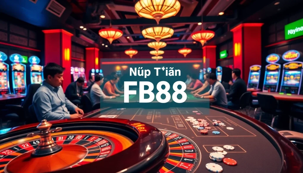 Experience the thrill of Nạp Tiền FB88 at a lively casino table surrounded by poker chips and vibrant slot machines.