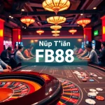 Experience the thrill of Nạp Tiền FB88 at a lively casino table surrounded by poker chips and vibrant slot machines.