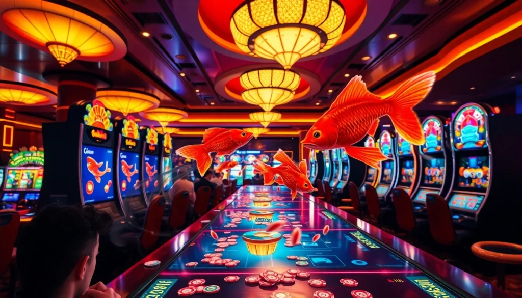Players enjoy the thrill of bắn cá đổi thưởng in a vibrant casino setting, showcasing immersive gameplay and excitement.