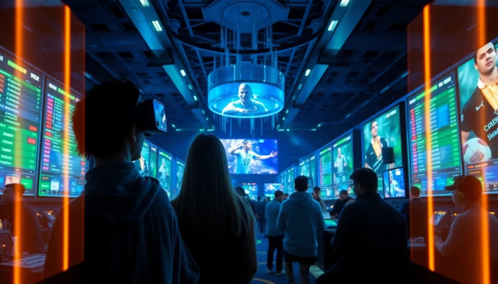 Futuristic sports betting environment with New Technology interfaces and holographic displays.