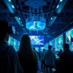 Futuristic sports betting environment with New Technology interfaces and holographic displays.