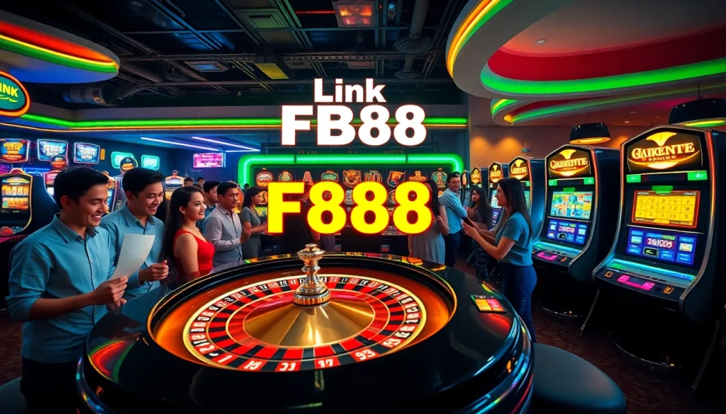 Experience the excitement of gambling at a casino with Link FB88 prominently featured, where players engage with roulette tables and slot machines.