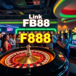 Experience the excitement of gambling at a casino with Link FB88 prominently featured, where players engage with roulette tables and slot machines.