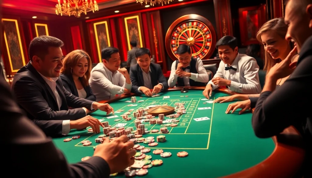 Players enjoying an exciting game bài đổi thưởng at a bustling casino table with colorful poker chips.