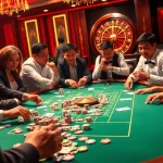 Players enjoying an exciting game bài đổi thưởng at a bustling casino table with colorful poker chips.