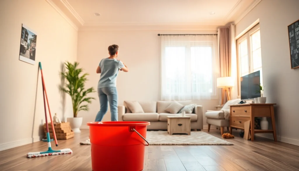 Person gracefully engaging in wall cleaning with effective tools in a bright living room.