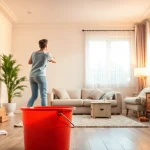 Person gracefully engaging in wall cleaning with effective tools in a bright living room.