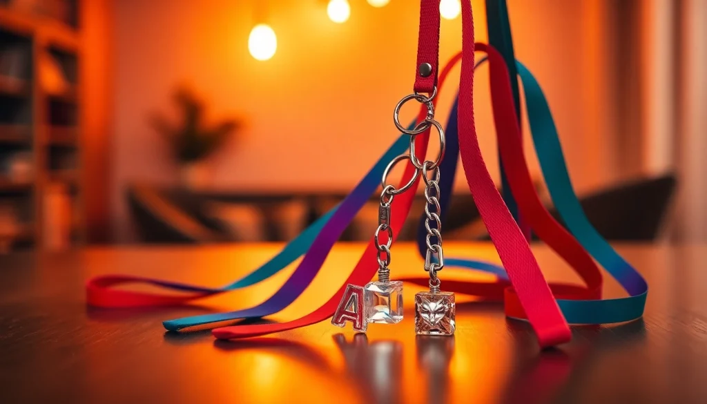 A colorful lanyard keychain elegantly displayed with acrylic charms, showcasing customization options.