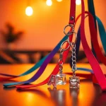 A colorful lanyard keychain elegantly displayed with acrylic charms, showcasing customization options.