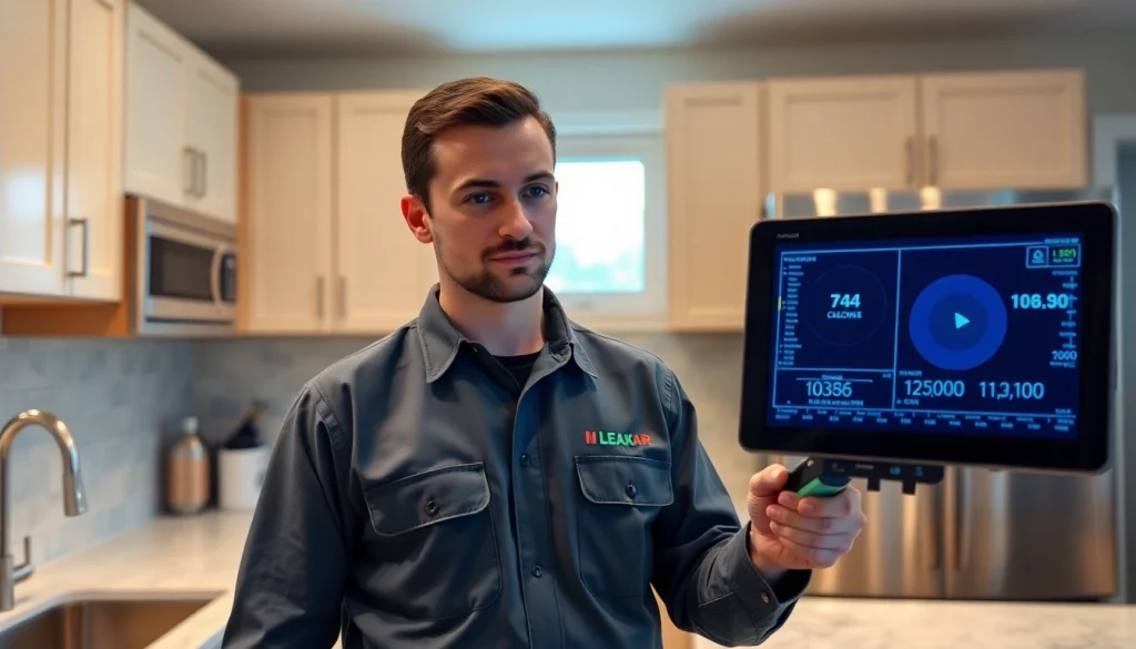 A technician from a leak detection company analyzing digital data while detecting a water leak.