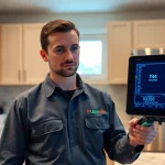 A technician from a leak detection company analyzing digital data while detecting a water leak.