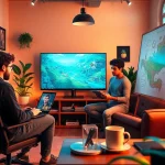 Collaborative game development scene with coders and designers in a vibrant office.