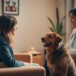Anxiety treatment Sydney featuring a compassionate psychologist discussing with a client alongside a therapy dog.