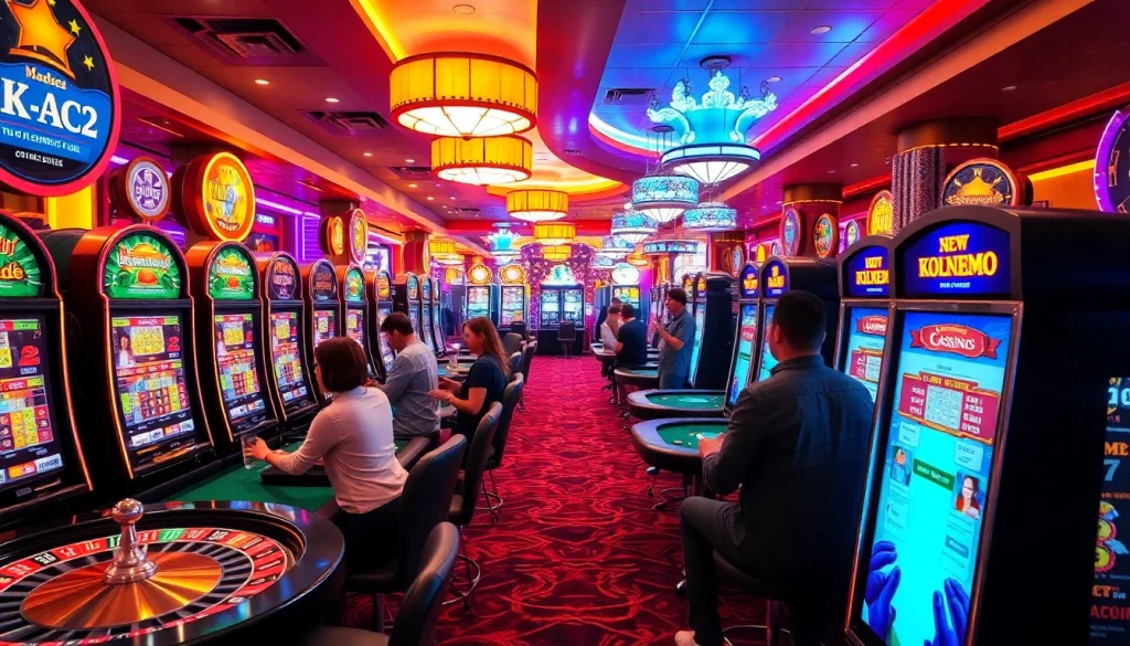 KJC AC 2 vibrant casino atmosphere with players at slot machines and poker tables.