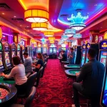 KJC AC 2 vibrant casino atmosphere with players at slot machines and poker tables.
