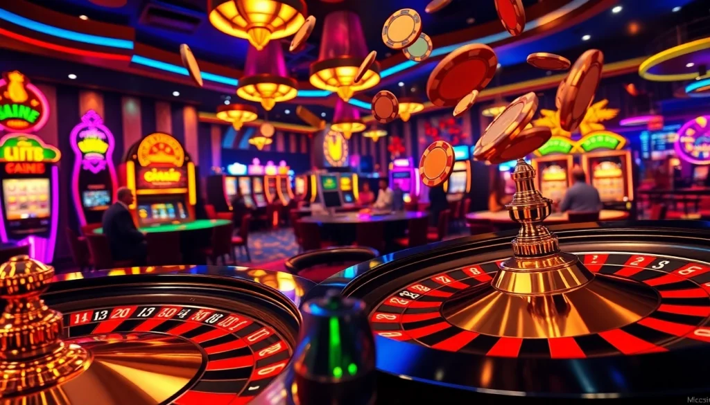 CM88 experience of excitement at a bustling casino with players betting on tables.