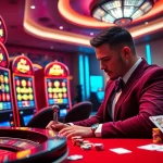Engaged player activating Slot Gacor machine in a vibrant casino atmosphere with poker chips and roulette wheel.