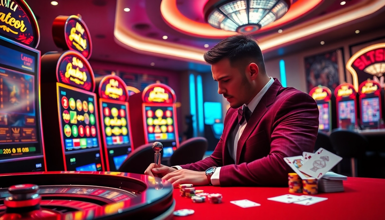 Engaged player activating Slot Gacor machine in a vibrant casino atmosphere with poker chips and roulette wheel.