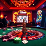 Players enjoy a thrilling game night at 12bet casino, featuring vibrant roulette chips and slot machines.