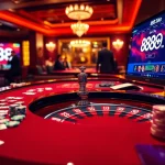 Engage with the thrilling 888b link at a luxurious casino, featuring cards, chips, and roulette.