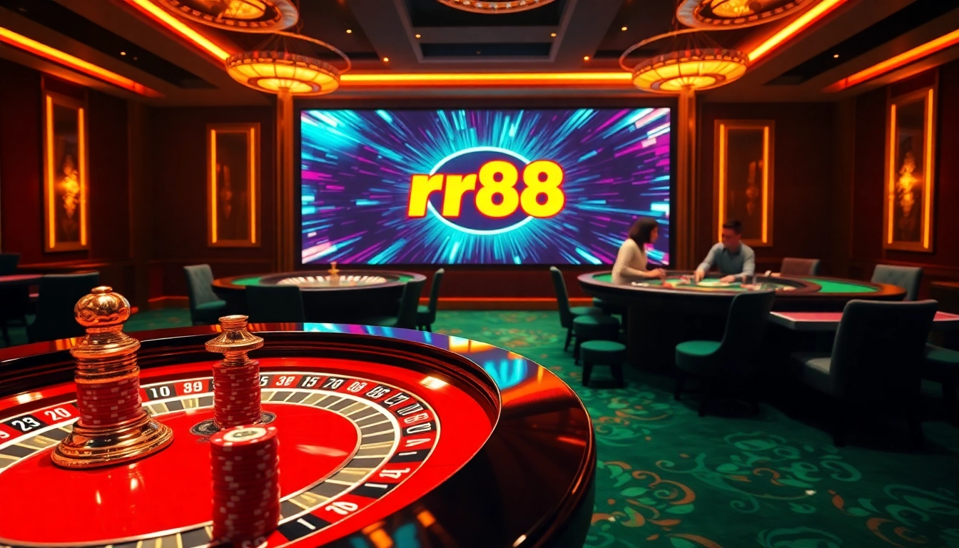 Experience the thrill of rr88 đăng nhập with vibrant casino elements like poker chips and roulette tables.
