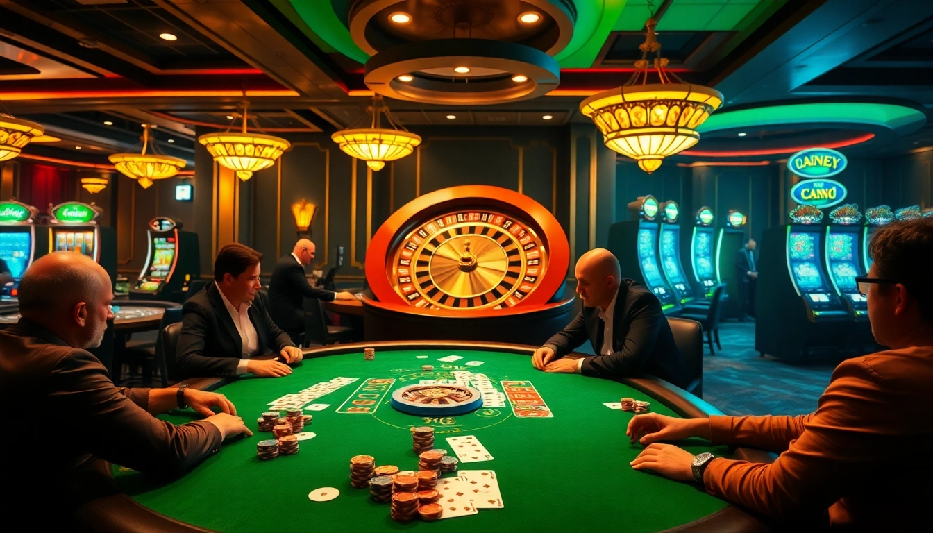 Exciting casino scene at https://king88b.us.com/ with vibrant poker action, roulette wheel, and slot machines.