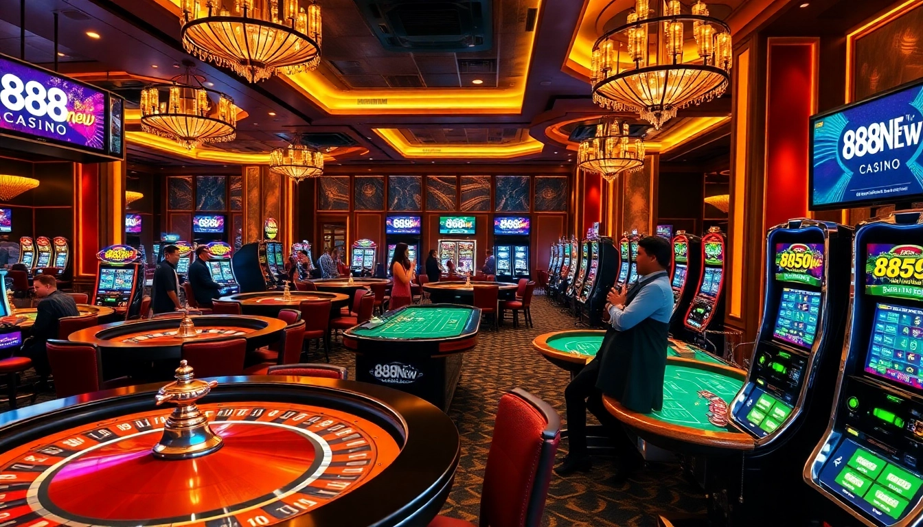 Exciting action scene at 888new casino with players enjoying various games like slots and roulette.
