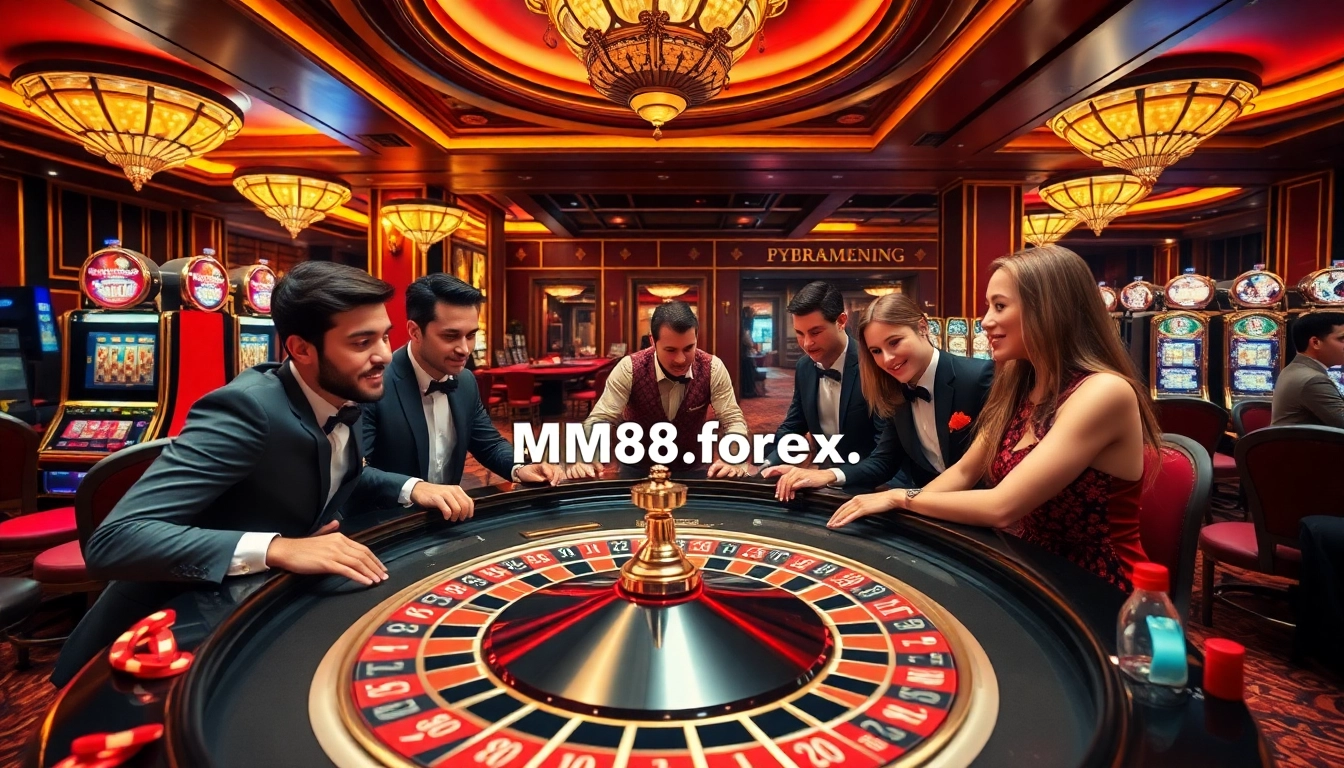 Players enjoying an exhilarating game at MM88 casino, featuring roulette, poker chips, and luxury ambiance.