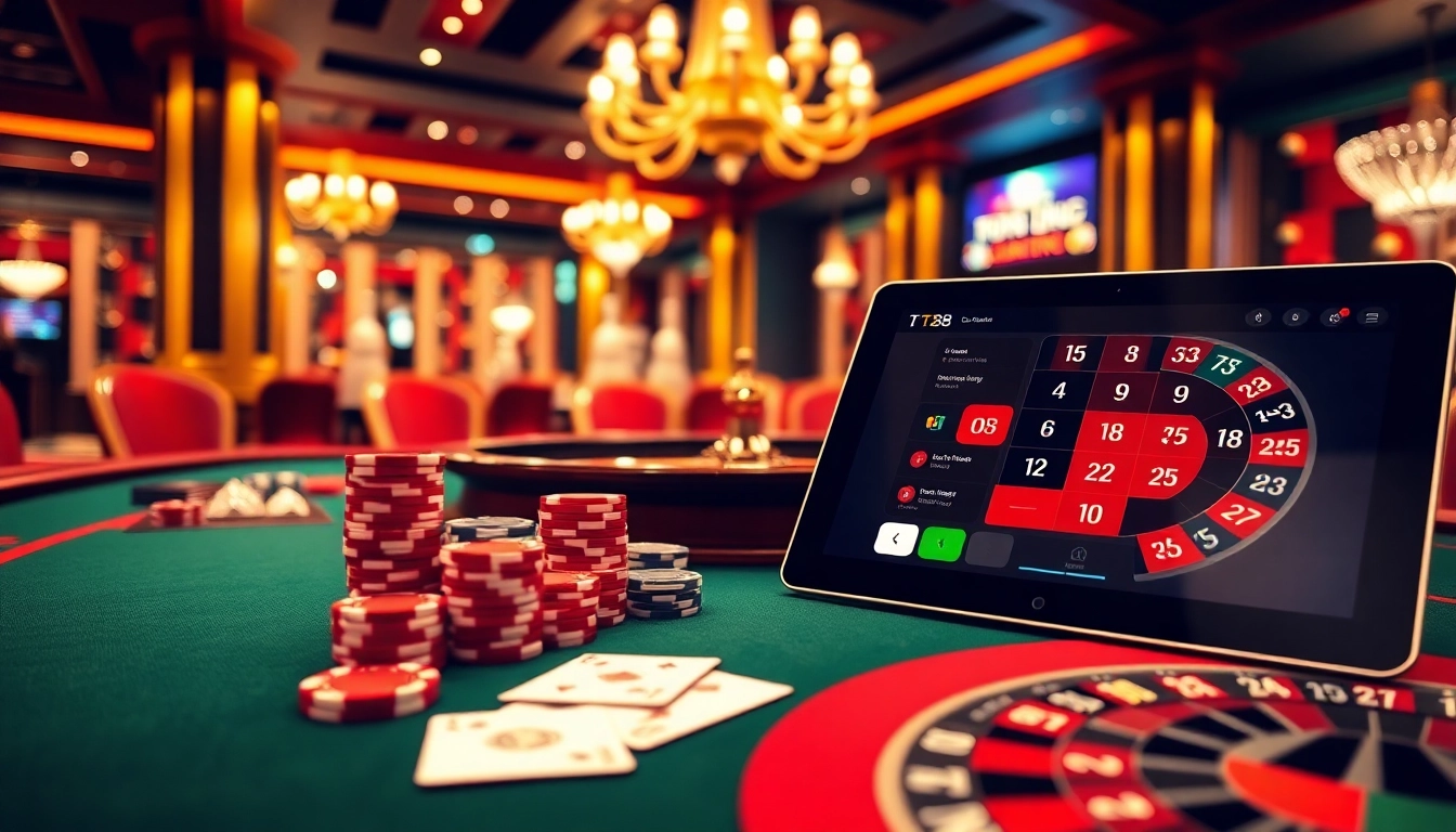 Engage in thrilling gameplay at TT88 with a vibrant casino scene featuring poker chips and a roulette wheel.