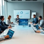 Business professionals discussing digital strategies with logo tiger enterprise ERP solutions in a modern office.