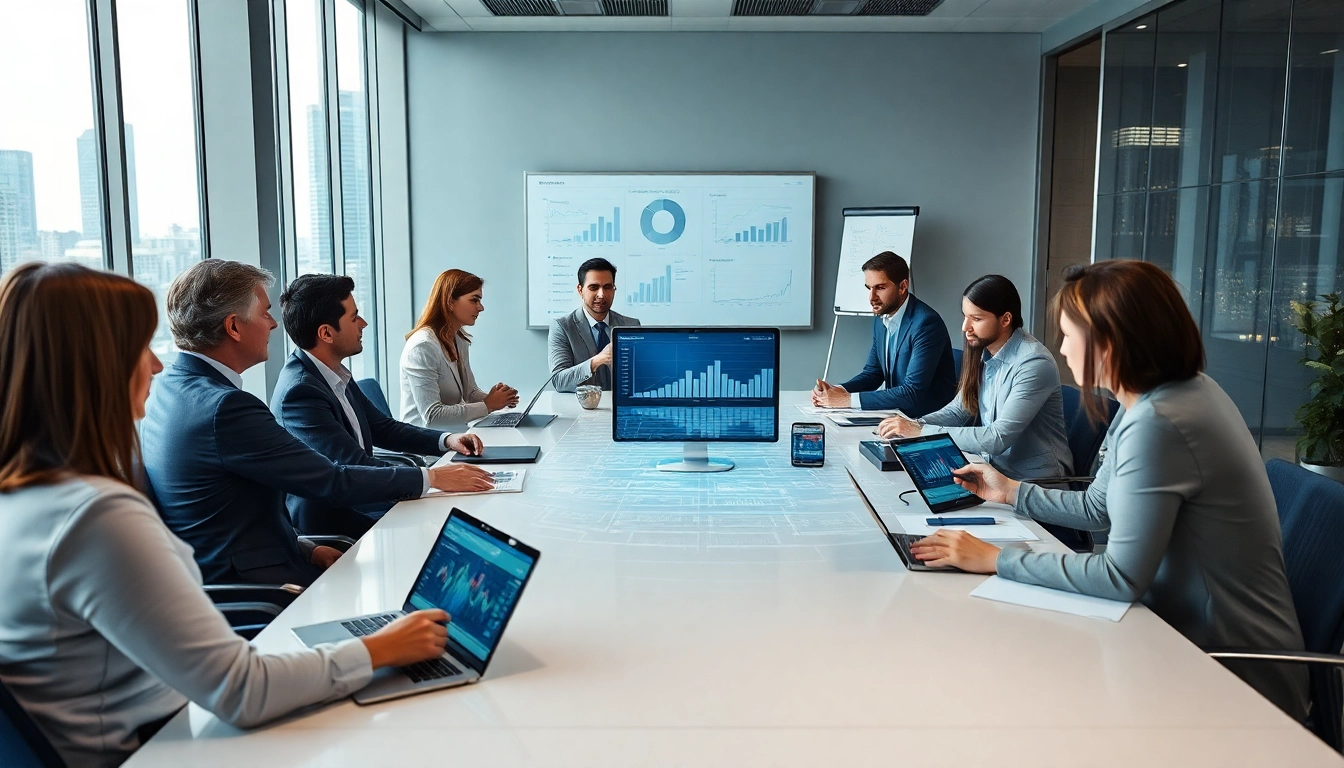 Business professionals discussing digital strategies with logo tiger enterprise ERP solutions in a modern office.