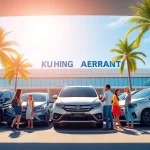 Seamlessly integrating kuching rent car options near airport with happy travelers and diverse vehicles.