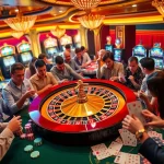 Engaging players at a luxurious MM88 casino scene featuring roulette, chips, and slot machines.