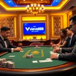 Experience thrilling gameplay at https://vnew88.vip/ with professional poker players at a luxurious casino table.