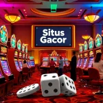 Situs Slot Gacor featuring an exciting scene of players winning at bright slot machines.