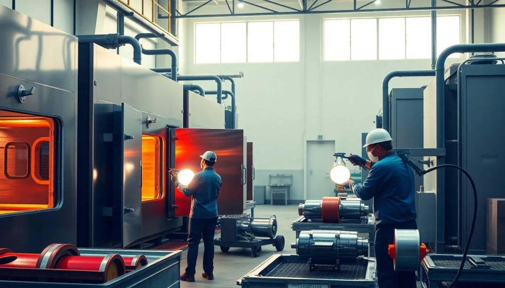 Powder coating Malaysia service showcasing advanced industrial equipment and skilled workers.