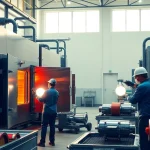 Powder coating Malaysia service showcasing advanced industrial equipment and skilled workers.