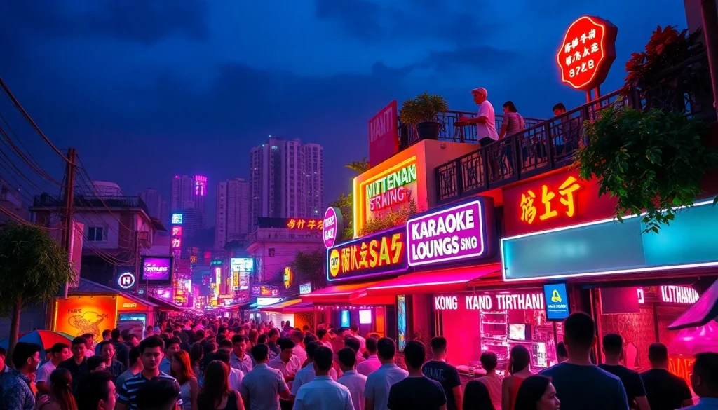 Dynamic 베트남밤문화 nightlife scene with vibrant neon lights and crowds.
