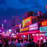 Dynamic 베트남밤문화 nightlife scene with vibrant neon lights and crowds.