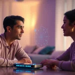 Futuristic interaction showcasing a person communicating with a holographic sex AI, highlighting intimacy and technology.