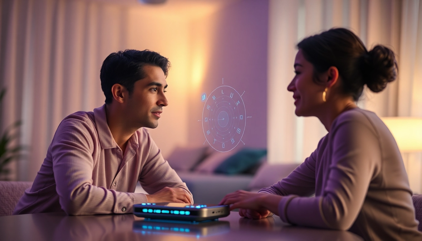 Futuristic interaction showcasing a person communicating with a holographic sex AI, highlighting intimacy and technology.