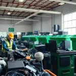 Efficient local computer recycling process showcasing technicians sorting e-waste responsibly.